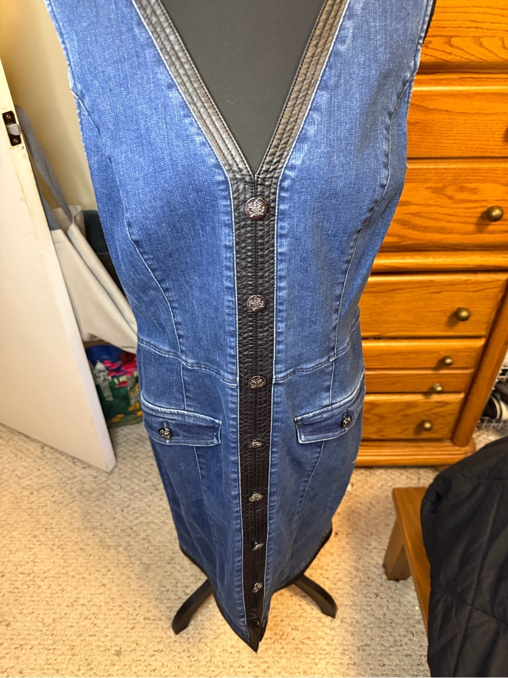 White House Black Market Blue Denim Button-Front Midi Dress with Black Trim